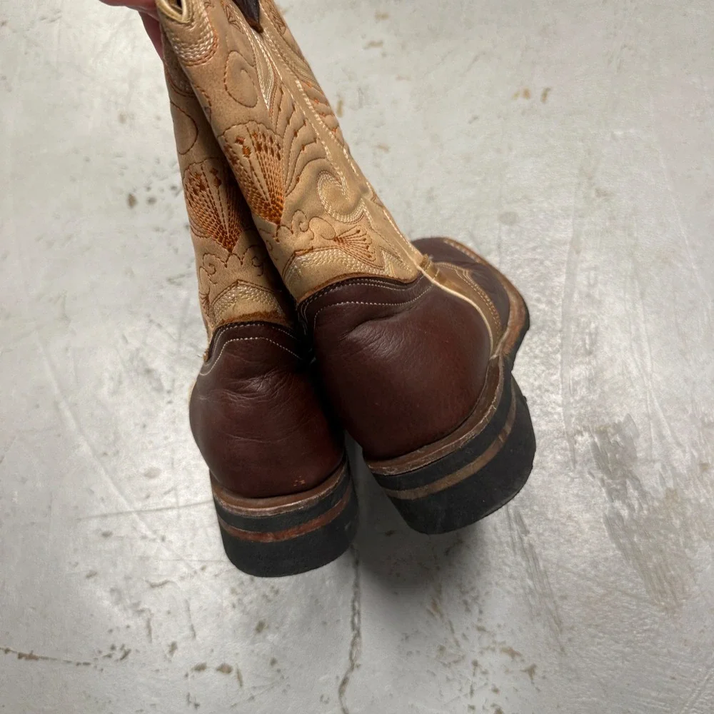 Kids Western Cowboy Boots Square‎ Toe Brown Tan Crazy Pull On Shoes Size 22.5